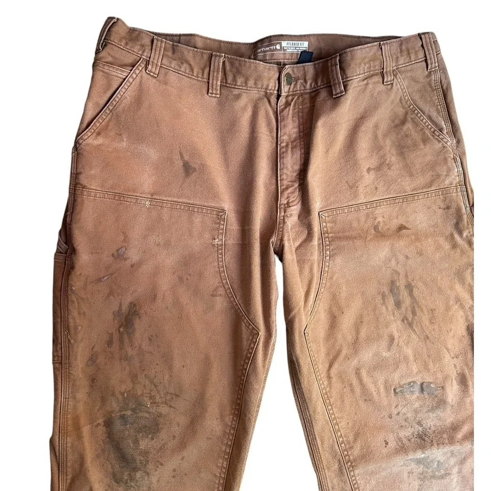 Carhartt Double Knee Distressed Work  Pants Mens 44 X 30‎ Tan Stains 103334 211